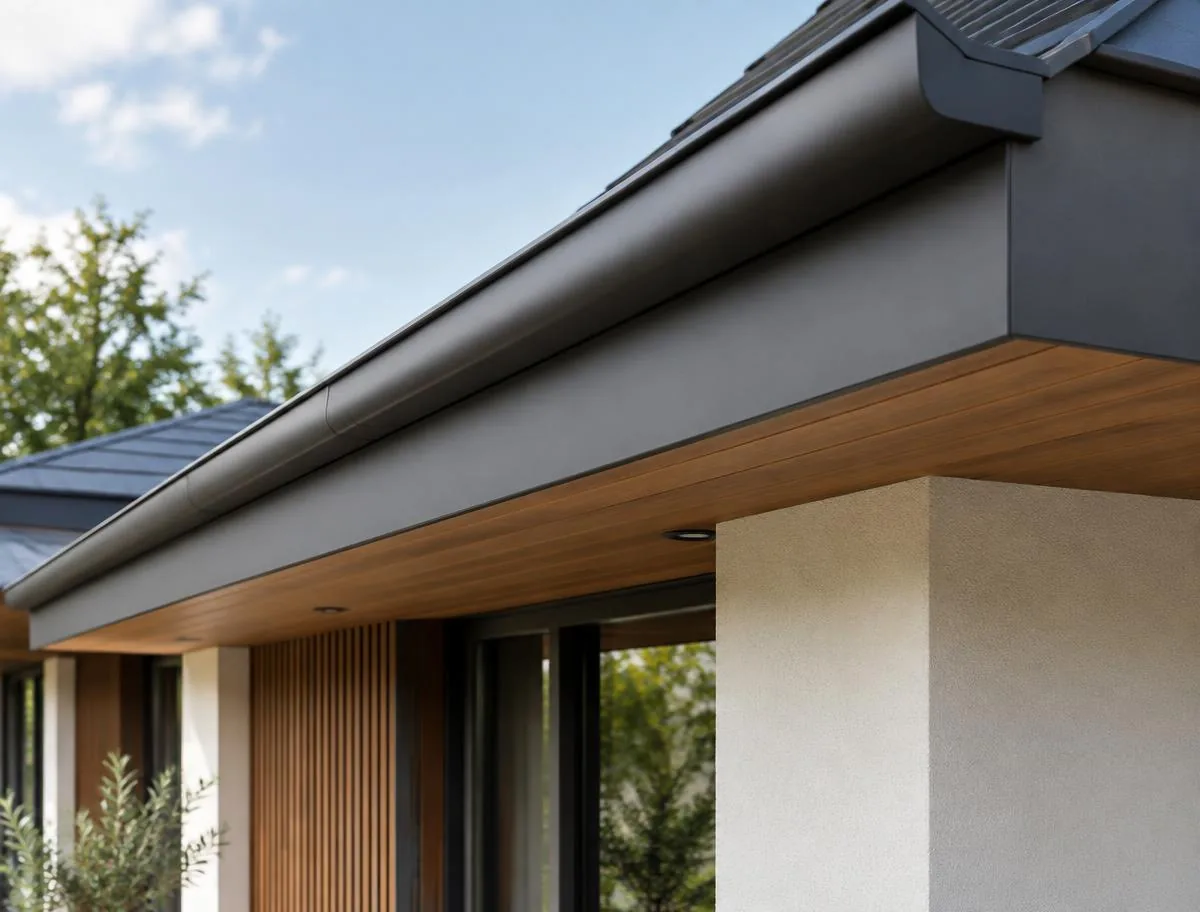 Illustration: close-up of a charcoal seamless gutter and matching fascia board on a modern roofline